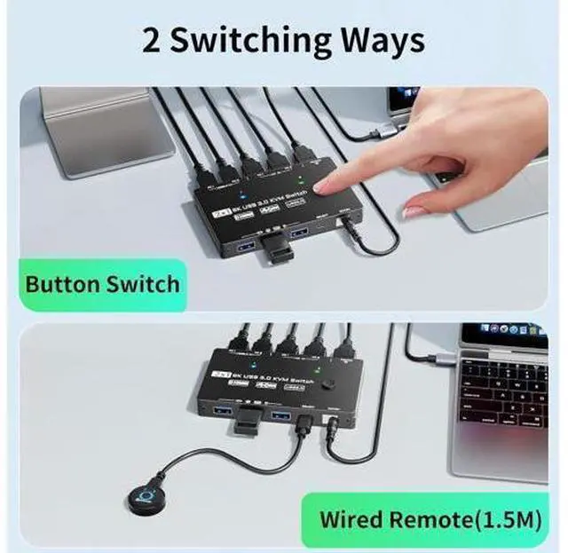 Alt view image 4 of 7 - Vszerda KVM Switch 1 Monitor 2 Computers 8K@60Hz, HDMI KVM Switches for 2 PC Sharing Single Monitor and Keyboard Mouse with Power Adapter, Wired Extend Controller and USB3.0 Cables