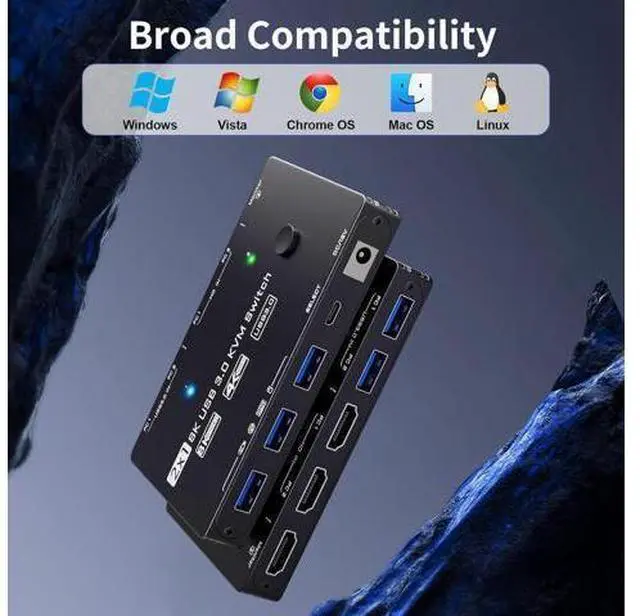 Alt view image 5 of 7 - Vszerda KVM Switch 1 Monitor 2 Computers 8K@60Hz, HDMI KVM Switches for 2 PC Sharing Single Monitor and Keyboard Mouse with Power Adapter, Wired Extend Controller and USB3.0 Cables