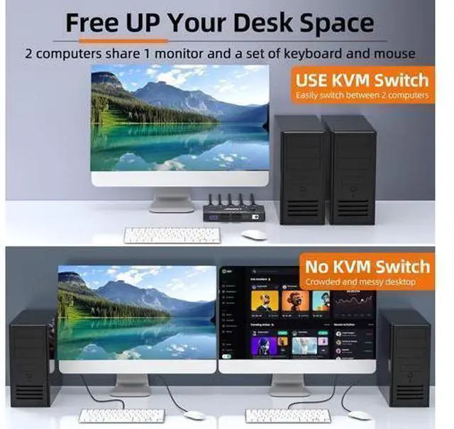Alt view image 6 of 7 - Vszerda KVM Switch 1 Monitor 2 Computers 8K@60Hz, HDMI KVM Switches for 2 PC Sharing Single Monitor and Keyboard Mouse with Power Adapter, Wired Extend Controller and USB3.0 Cables