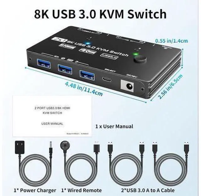 Alt view image 7 of 7 - Vszerda KVM Switch 1 Monitor 2 Computers 8K@60Hz, HDMI KVM Switches for 2 PC Sharing Single Monitor and Keyboard Mouse with Power Adapter, Wired Extend Controller and USB3.0 Cables