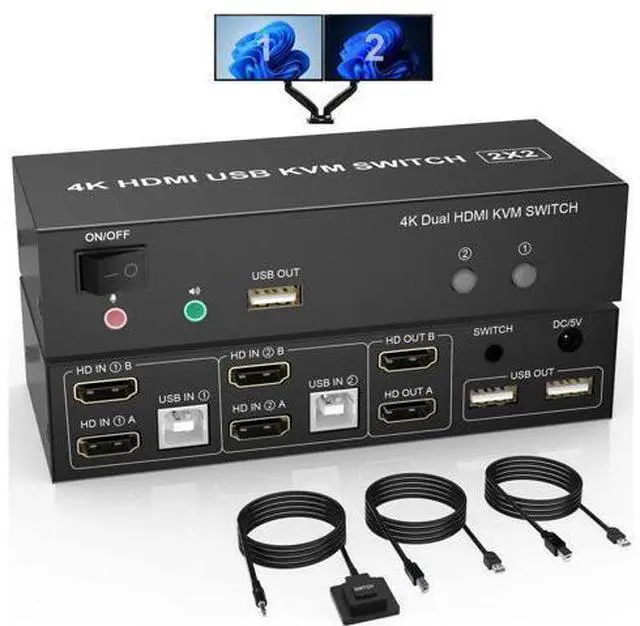 Main image of Vszerda Dual Monitor KVM Switch HDMI 2 Port, 4K@60Hz Extended Display KVM Switch 2 Monitors 2 Computers with Audio Microphone Output and 3 USB Ports, PC Monitor Keyboard Mouse Switcher