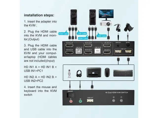 Alt view image 2 of 7 - Vszerda Dual Monitor KVM Switch HDMI 2 Port, 4K@60Hz Extended Display KVM Switch 2 Monitors 2 Computers with Audio Microphone Output and 3 USB Ports, PC Monitor Keyboard Mouse Switcher