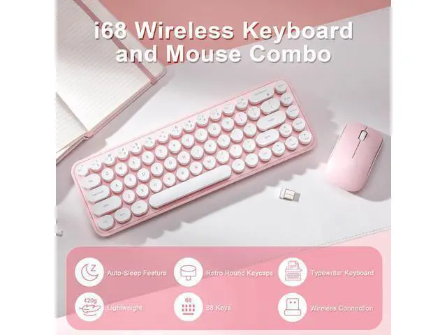 Alt view image 2 of 7 - Vszerda i68 Wireless Typewriter Keyboard and Mouse Combo,Pink Keyboard with 2.4GHz Connection, Cute Retro Aesthetic Design Round Keycaps for Tablet, Phone, PC and Win/Mac/Android(Pink)
