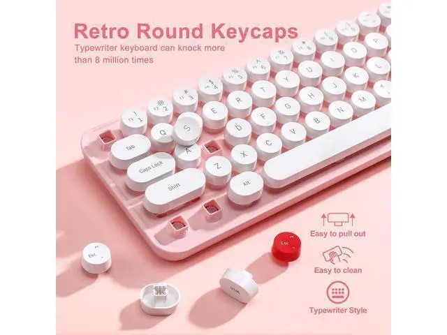 Alt view image 4 of 7 - Vszerda i68 Wireless Typewriter Keyboard and Mouse Combo,Pink Keyboard with 2.4GHz Connection, Cute Retro Aesthetic Design Round Keycaps for Tablet, Phone, PC and Win/Mac/Android(Pink)