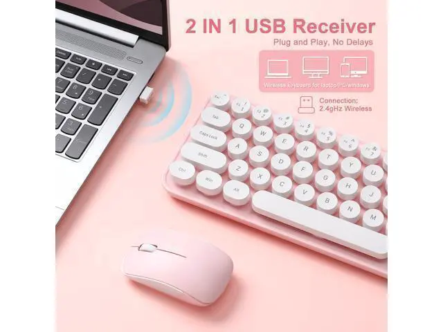 Alt view image 3 of 7 - Vszerda i68 Wireless Typewriter Keyboard and Mouse Combo,Pink Keyboard with 2.4GHz Connection, Cute Retro Aesthetic Design Round Keycaps for Tablet, Phone, PC and Win/Mac/Android(Pink)