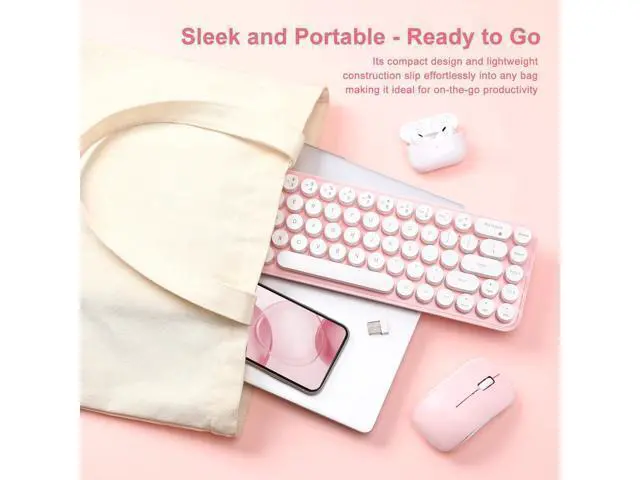 Alt view image 7 of 7 - Vszerda i68 Wireless Typewriter Keyboard and Mouse Combo,Pink Keyboard with 2.4GHz Connection, Cute Retro Aesthetic Design Round Keycaps for Tablet, Phone, PC and Win/Mac/Android(Pink)