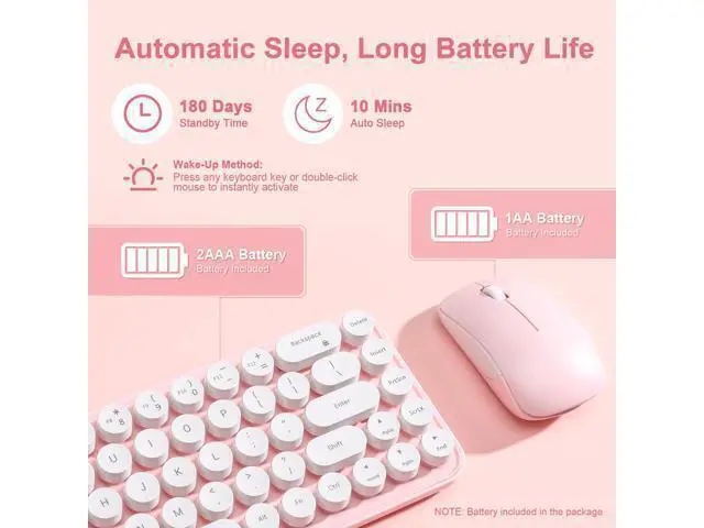 Alt view image 5 of 7 - Vszerda i68 Wireless Typewriter Keyboard and Mouse Combo,Pink Keyboard with 2.4GHz Connection, Cute Retro Aesthetic Design Round Keycaps for Tablet, Phone, PC and Win/Mac/Android(Pink)