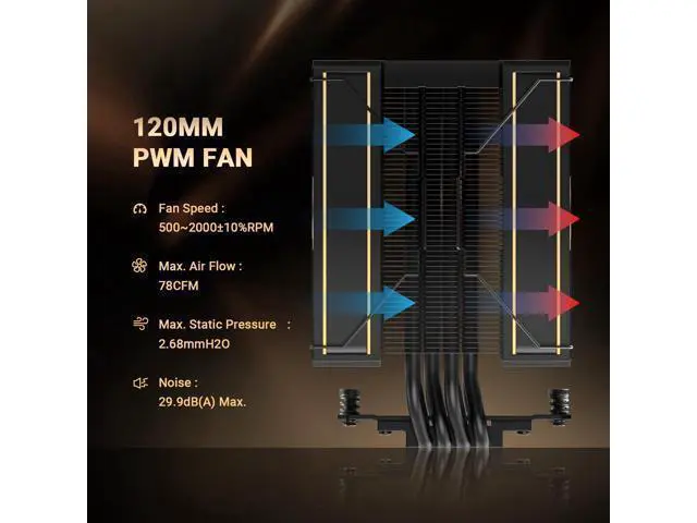 Alt view image 4 of 7 - ID-COOLING FROZN A410 GDL Limited Edition CPU Cooler, 2x120mm FDB Fans in Push-Pull Configuration, 100% RAM Clearance, Black Air Cooler with Golden Lines Decorated, Support Intel and AMD Sockets