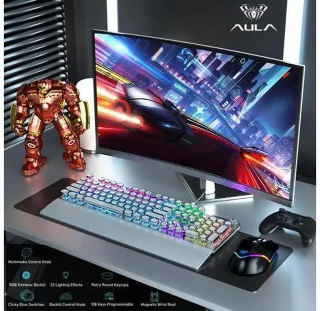 Alt view image 6 of 7 - Vszerda Wried Mechanical Keyboard Mouse Combo,F2088 White Typewriter Style Mechanical Keyboard Blue Switches + S12PRO RGB Gaming Mouse Black