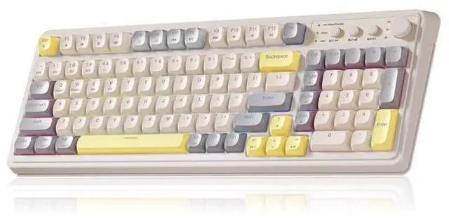 Main image of Vszerda S99 Gaming Keyboard, Ergonomic Computer Keyboards, Wireless Creamy Keyboard Full Size Cute Backlit Media Knob Programmable Tri-Mode Bluetooth/2.4GHz/USB-C Keyboard for PC Gamer - Grey & Yellow