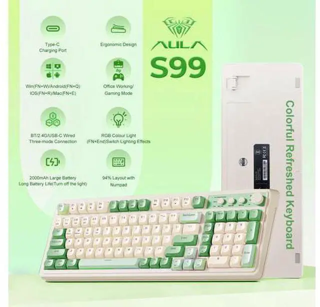 Alt view image 2 of 7 - Vszerda S99 Gaming Keyboard, Wireless Computer Keyboards, Tri-Mode Bluetooth/2.4GHz/USB-C Custom Creamy Keyboard with Number Pad, RGB Backlit Media Knob Cute Programmable Keyboard for PC Gamer - Green