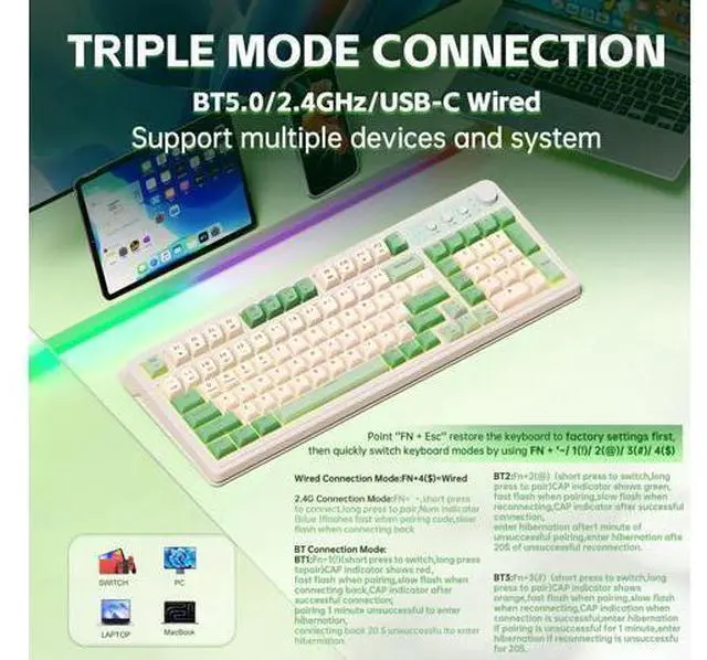 Alt view image 3 of 7 - Vszerda S99 Gaming Keyboard, Wireless Computer Keyboards, Tri-Mode Bluetooth/2.4GHz/USB-C Custom Creamy Keyboard with Number Pad, RGB Backlit Media Knob Cute Programmable Keyboard for PC Gamer - Green