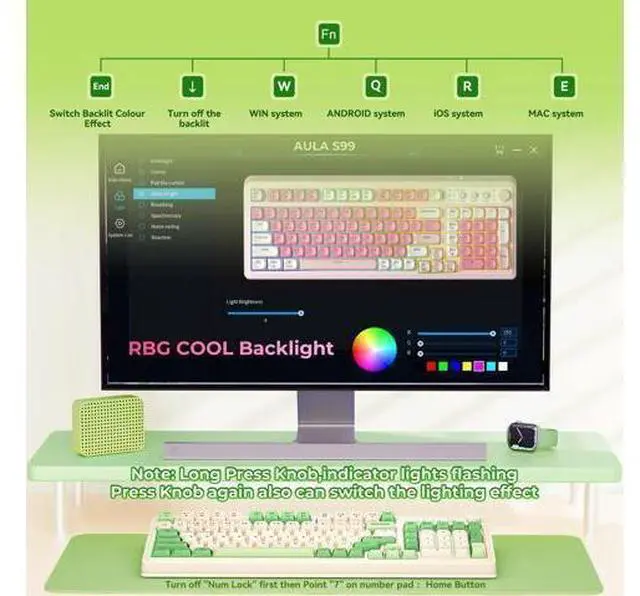Alt view image 4 of 7 - Vszerda S99 Gaming Keyboard, Wireless Computer Keyboards, Tri-Mode Bluetooth/2.4GHz/USB-C Custom Creamy Keyboard with Number Pad, RGB Backlit Media Knob Cute Programmable Keyboard for PC Gamer - Green