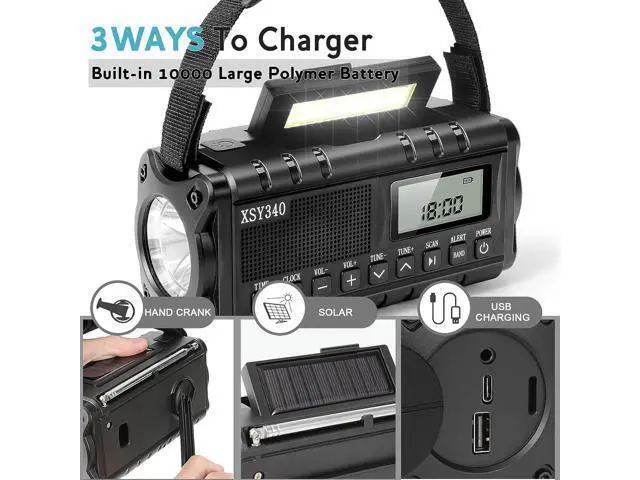 Alt view image 4 of 7 - 10000mAh Weather Radio, NOAA Emergency Weather Alert Radio, Solar Radio, Crank Radio, NOAA/AM/FM Radio, Portable Radio, Dynamo Radio, LCD Digital Radio, Alarm Clock,Torch&LED Reading Light,SOS Alarm