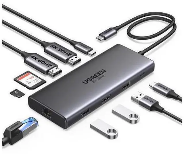Main image of UGREEN Docking Station 10 in 1 Revodok Pro 210 USB C Dock Dual HDMI 4K@60Hz Single 8K@30Hz 100W PD 5Gbps USB C and USB A Data Ports Gigabit Ethernet, SD/TF Card Reader USB Hub Compatible for HP,