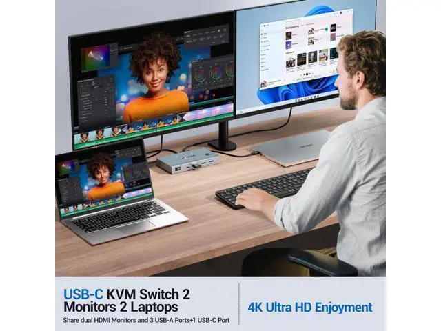 Alt view image 3 of 7 - USB C KVM Switch 2 Monitors 2 Laptops, 4K@60Hz USB C Dual Monitor KVM Switch for 2 laptops to Share 2 Monitor and 4 USB3.0 Devices, 80W PD Charging, Wired Remote and Cables Included