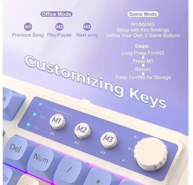 Alt view image 4 of 7 - Vszerda 99 Key Keyboard, Tri-Mode Bluetooth/2.4GHz/USB-C Cute Creamy Gaming Keyboard with Number Pad RGB Backlit, Media Knob Custom Mechanical Feel Computer Keyboards for MAC Xbox PC Gamer - Purple