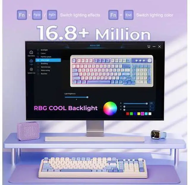 Alt view image 6 of 7 - Vszerda 99 Key Keyboard, Tri-Mode Bluetooth/2.4GHz/USB-C Cute Creamy Gaming Keyboard with Number Pad RGB Backlit, Media Knob Custom Mechanical Feel Computer Keyboards for MAC Xbox PC Gamer - Purple