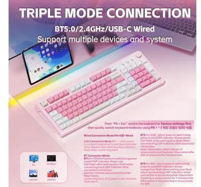 Alt view image 3 of 5 - Vszerda 99 Key Keyboard, Wireless Gaming Keyboard Bluetooth Computer Keyboards Creamy Cute with Number Pad RGB Backlit Tri-Mode BT/2.4GHz/USB-C - Pink
