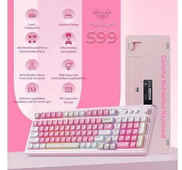 Alt view image 2 of 5 - Vszerda 99 Key Keyboard, Wireless Gaming Keyboard Bluetooth Computer Keyboards Creamy Cute with Number Pad RGB Backlit Tri-Mode BT/2.4GHz/USB-C - Pink