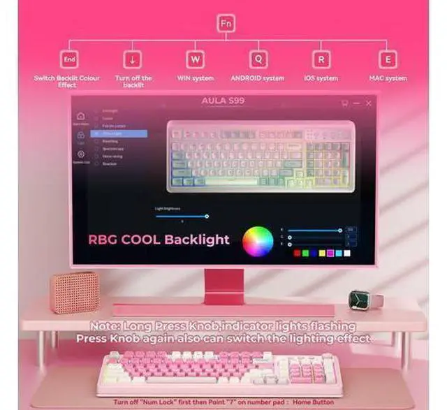 Alt view image 4 of 5 - Vszerda 99 Key Keyboard, Wireless Gaming Keyboard Bluetooth Computer Keyboards Creamy Cute with Number Pad RGB Backlit Tri-Mode BT/2.4GHz/USB-C - Pink