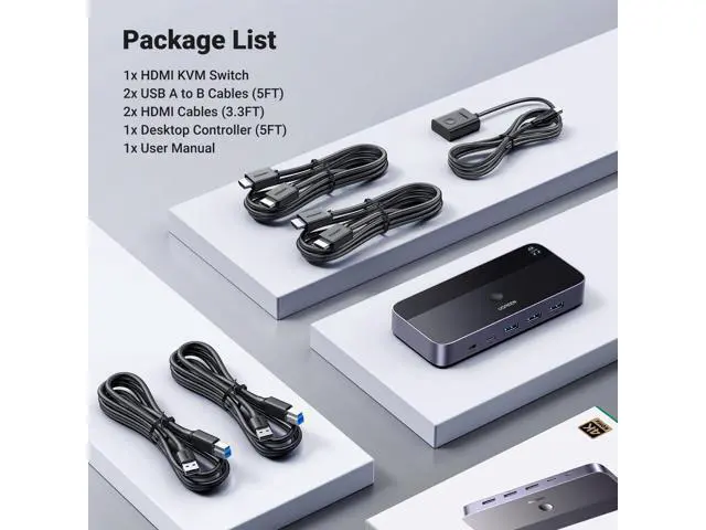 Alt view image 7 of 7 - UGREEN USB 3.0 HDMI KVM Switch with 4 USB 3.0 Ports 4K@60Hz for 2 Computers Sharing 1 Monitor Keyboard Mouse Hard Drives Printer, with 2 HDMI Cables, 2 USB Cables and Controller