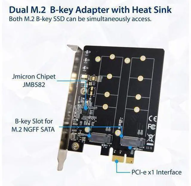 Alt view image 2 of 6 - Vszerda Dual M.2 B-Key SATA SSD Converter PCI Express 3.0 x1 Expansion Card Heat Sink Jmicron JMB582 Chipset SI-PEX40153