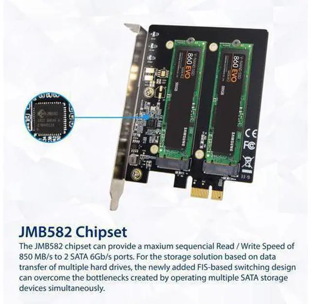Alt view image 6 of 6 - Vszerda Dual M.2 B-Key SATA SSD Converter PCI Express 3.0 x1 Expansion Card Heat Sink Jmicron JMB582 Chipset SI-PEX40153