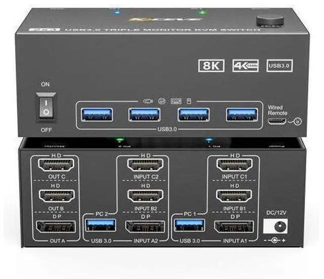 Main image of KVM Switch 3 Monitors 2 Computers 8K@60Hz/4K@144Hz, HDMI Displayport KVM Switches for 2 PC Sharing Triple Monitor and Keyboard Mouse with Power Adapter, Wired Extend Controller and USB3.0 Cables