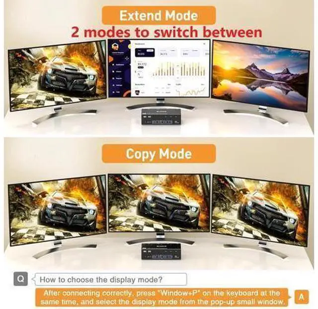 Alt view image 4 of 7 - KVM Switch 3 Monitors 2 Computers 8K@60Hz/4K@144Hz, HDMI Displayport KVM Switches for 2 PC Sharing Triple Monitor and Keyboard Mouse with Power Adapter, Wired Extend Controller and USB3.0 Cables