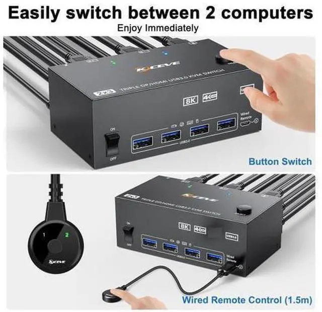 Alt view image 5 of 7 - KVM Switch 3 Monitors 2 Computers 8K@60Hz/4K@144Hz, HDMI Displayport KVM Switches for 2 PC Sharing Triple Monitor and Keyboard Mouse with Power Adapter, Wired Extend Controller and USB3.0 Cables