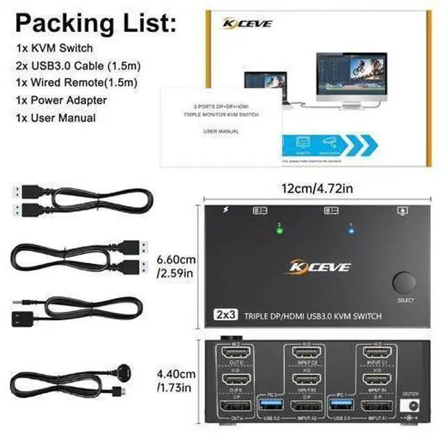 Alt view image 7 of 7 - KVM Switch 3 Monitors 2 Computers 8K@60Hz/4K@144Hz, HDMI Displayport KVM Switches for 2 PC Sharing Triple Monitor and Keyboard Mouse with Power Adapter, Wired Extend Controller and USB3.0 Cables