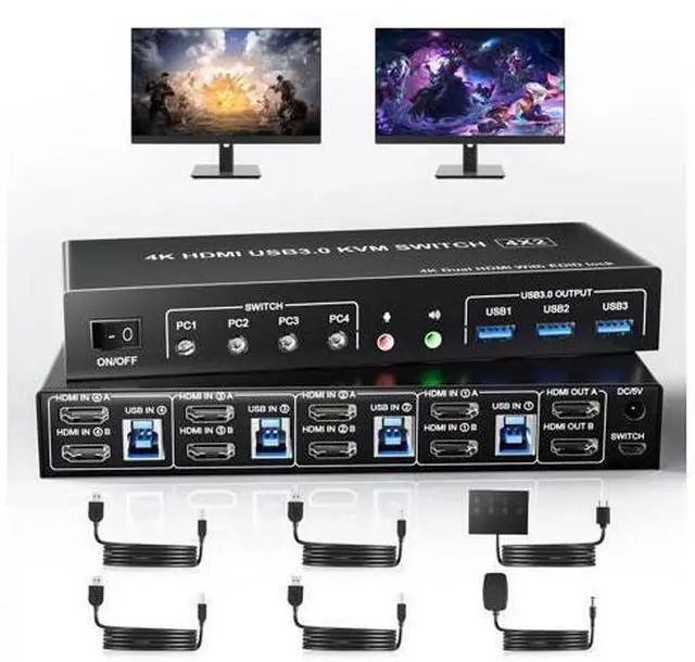 Main image of Vszerda USB 3.0 HDMI Dual Monitors 4 Computers KVM Switch, Supports EDID, 4K@60Hz HDMI Dual Monitor Switch for 4 PCs with 3 USB3.0 and Audio Microphone Ports, 4 Port hdmI KVM Switch for 4PC