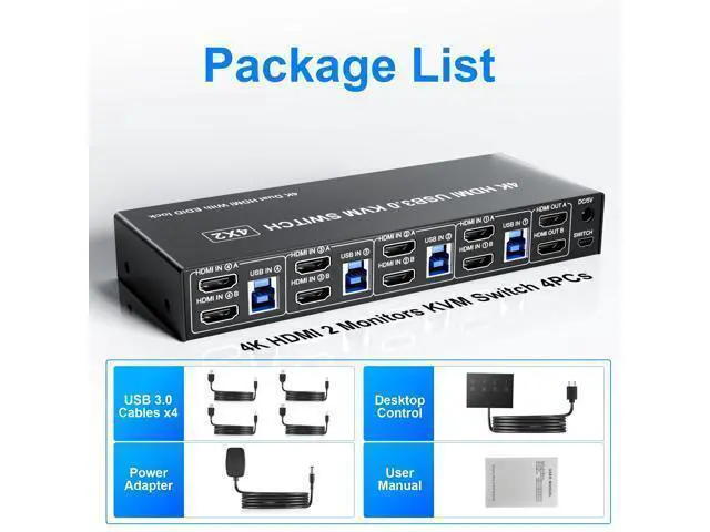 Alt view image 7 of 7 - Vszerda USB 3.0 HDMI Dual Monitors 4 Computers KVM Switch, Supports EDID, 4K@60Hz HDMI Dual Monitor Switch for 4 PCs with 3 USB3.0 and Audio Microphone Ports, 4 Port hdmI KVM Switch for 4PC
