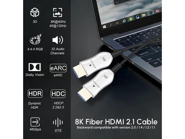 Alt view image 2 of 7 - Vszerda 8K Fiber Optic HDMI 2.1 Cable 25ft, Active HDMI Cable Slim, High Speed Fiber HDMI Cord, 48Gbps, 8K@60Hz 4K@120Hz, Dynamic HDR, eARC, HDCP 2.2&2.3, 3D, for HDTV Monitor Game Laptop Xbox PS4/PS5