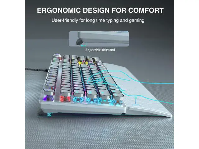Alt view image 7 of 7 - Vszerda F2088 Typewriter Mechanical Keyboard, White Retro Wired Gaming Keyboard with Blue Switches, Rainbow Backlit, Round Keycaps, Media Knob & Removable Wrist Rest
