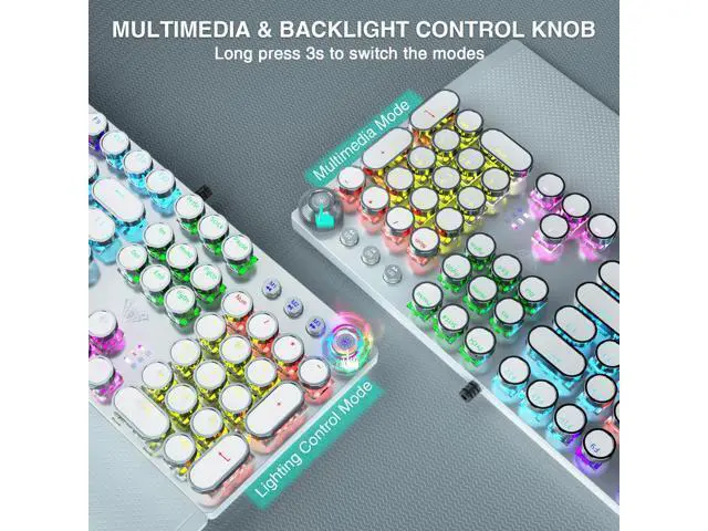 Alt view image 5 of 7 - Vszerda F2088 Typewriter Mechanical Keyboard, White Retro Wired Gaming Keyboard with Blue Switches, Rainbow Backlit, Round Keycaps, Media Knob & Removable Wrist Rest