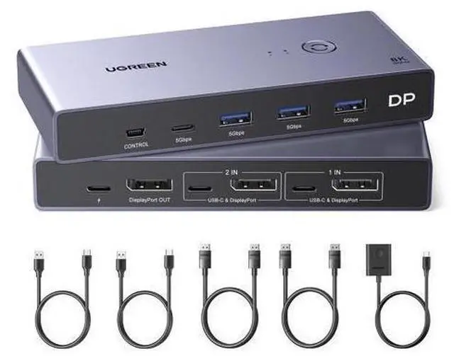 Main image of UGREEN 8K Displayport KVM Switch 2 in 1 Out DP1.4 with 4 USB 3.0 Ports(3 USB-A + 1 USB-C) Support 8K@60Hz 4K@240Hz Share 1 Monitor Keyboard Mouse U-Disk Printer, with 2 DP Cables, 2 USB A to C Cables