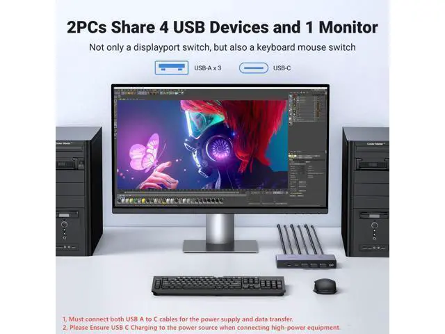 Alt view image 3 of 7 - UGREEN 8K Displayport KVM Switch 2 in 1 Out DP1.4 with 4 USB 3.0 Ports(3 USB-A + 1 USB-C) Support 8K@60Hz 4K@240Hz Share 1 Monitor Keyboard Mouse U-Disk Printer, with 2 DP Cables, 2 USB A to C Cables