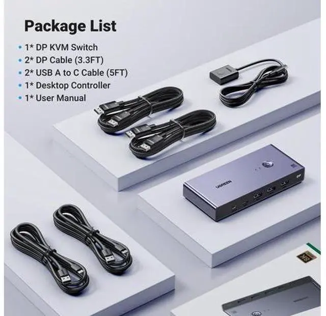 Alt view image 7 of 7 - UGREEN 8K Displayport KVM Switch 2 in 1 Out DP1.4 with 4 USB 3.0 Ports(3 USB-A + 1 USB-C) Support 8K@60Hz 4K@240Hz Share 1 Monitor Keyboard Mouse U-Disk Printer, with 2 DP Cables, 2 USB A to C Cables