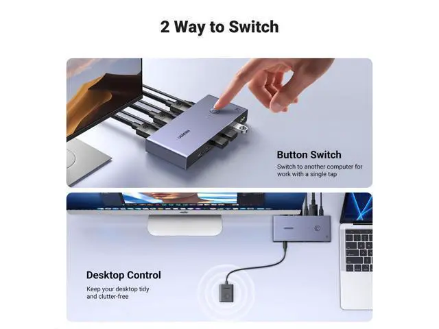 Alt view image 5 of 7 - UGREEN 8K Displayport KVM Switch 2 in 1 Out DP1.4 with 4 USB 3.0 Ports(3 USB-A + 1 USB-C) Support 8K@60Hz 4K@240Hz Share 1 Monitor Keyboard Mouse U-Disk Printer, with 2 DP Cables, 2 USB A to C Cables