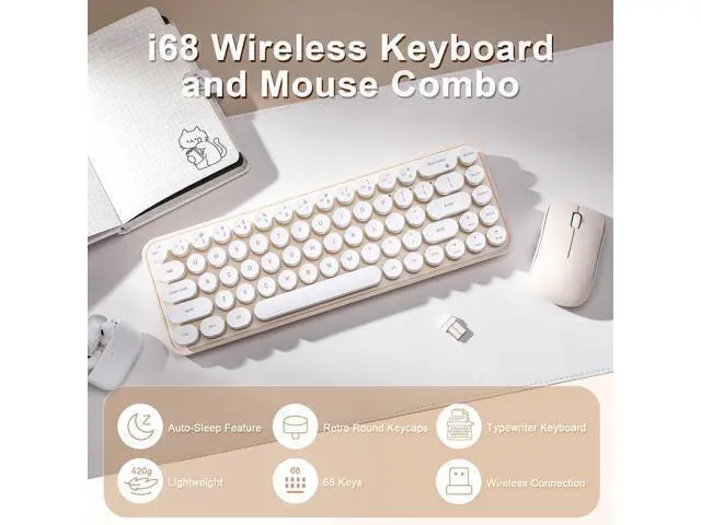 Alt view image 2 of 7 - Vszerda i68 Wireless Keyboard and Mouse Combo, Retro Typewriter Style Keyboard with Round Keycaps, 2.4GHz Connection with Computer PC Desktops Laptop WindowsxP/7/8/10 (Yellow)