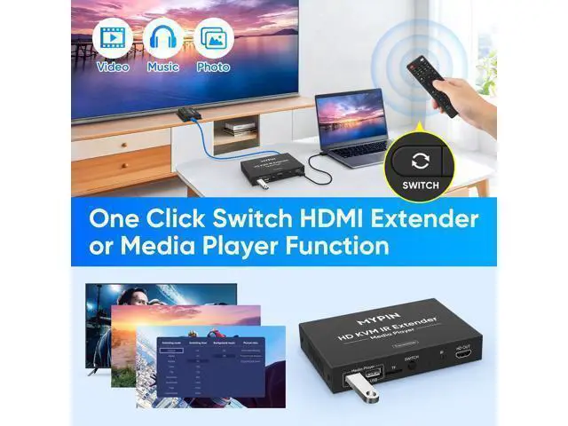 Alt view image 2 of 6 - 1080P HDMI KVM Extender Over Cat 6/7/8 Cable up to 492 ft, HD Digital Media Player for USB Drives,HDMI Extender with 3.5mm Audio & Loop Out, Supports IR Remote, Support for One to Many Connection