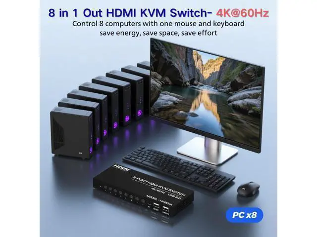 Alt view image 2 of 7 - Vszerda 8 Port HDMI KVM Switch, 4K@60Hz 8 in 1 Out HDMI KVM Switch for 8 Computers Share 1 HD Monitor and 4 USB Devices, Including 8 HDMI Cables and Remote Control