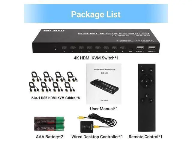 Alt view image 6 of 7 - Vszerda 8 Port HDMI KVM Switch, 4K@60Hz 8 in 1 Out HDMI KVM Switch for 8 Computers Share 1 HD Monitor and 4 USB Devices, Including 8 HDMI Cables and Remote Control