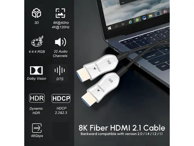 Alt view image 2 of 7 - 8K Fiber Optic HDMI 2.1 Cable 66ft, Long Active HDMI Cable, High Speed Fiber HDMI Cord, 48Gbps, 8K@60Hz 4K@120Hz, Dynamic HDR, Dolby, HDCP 2.2&2.3, 3D, for HDTV Monitor Game Laptop Home Theatre