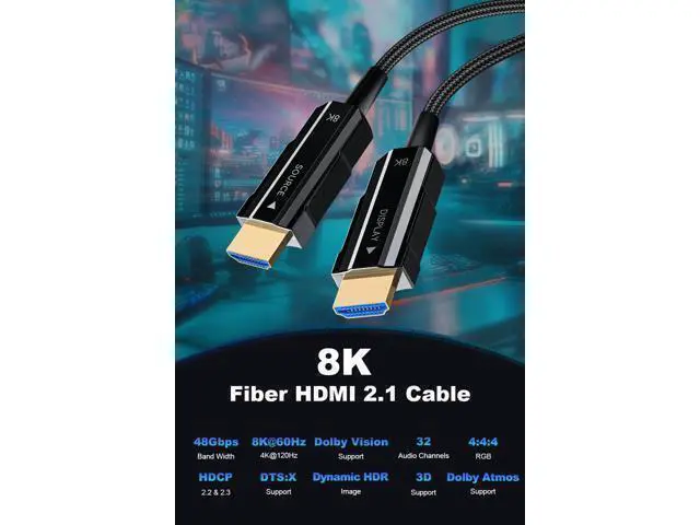 Alt view image 3 of 7 - 8K Long HDMI 2.1 Cable 66ft, Fiber Optic HDMI Braided Cord, High Speed Active HDMI Cable, 48Gbps, 8K@60Hz 4K@120Hz, Dynamic HDR, Dolby, HDCP 2.2&2.3, 3D, for HDTV Monitor Game Laptop Home Theatre