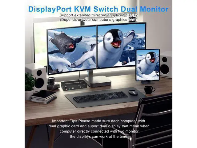 Alt view image 3 of 7 - Vszerda DisplayPort KVM Switch Dual Monitor 4K@60Hz Extended Display, 2 Computers 2 Monitors Displayport Switch with Audio Microphone Output and 3 USB Ports, PC Monitor Keyboard Mouse Switcher