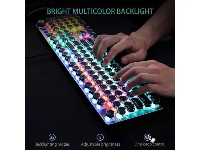 Alt view image 2 of 7 - Vszerda F2088 Typewriter Style Mechanical Gaming Keyboard Wired,Blue Switches,Rainbow LED Backlit,Removable Wrist Rest,Media Control Knob,Retro Punk Round Keycaps,USB Wired Computer Keyboard