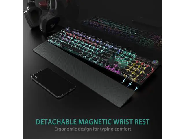 Alt view image 4 of 7 - Vszerda F2088 Typewriter Style Mechanical Gaming Keyboard Wired,Blue Switches,Rainbow LED Backlit,Removable Wrist Rest,Media Control Knob,Retro Punk Round Keycaps,USB Wired Computer Keyboard